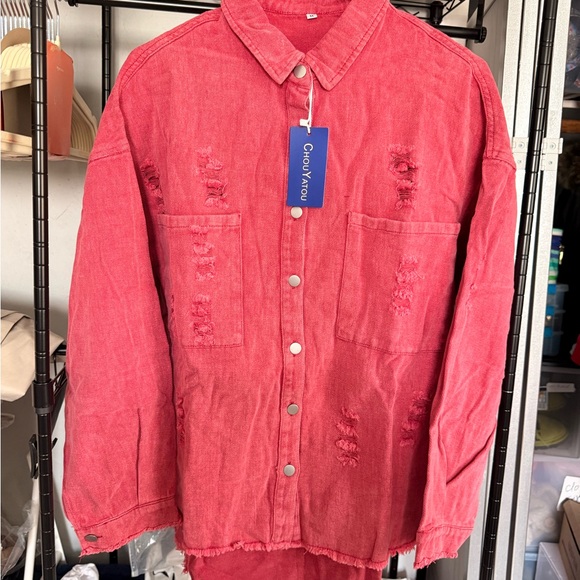 Casual Oversized Distressed Pink Denim Jacket - Picture 5 of 5